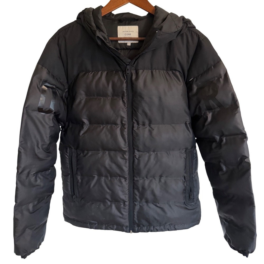 Jack & Jones Core Elements Mens Black Hooded Puffer Jacket Bonded Quilt Medium‎